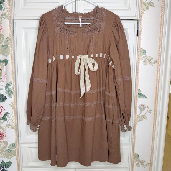 Free People Brown Boho Tea Time Mini Dress M - Picture 3 of 6